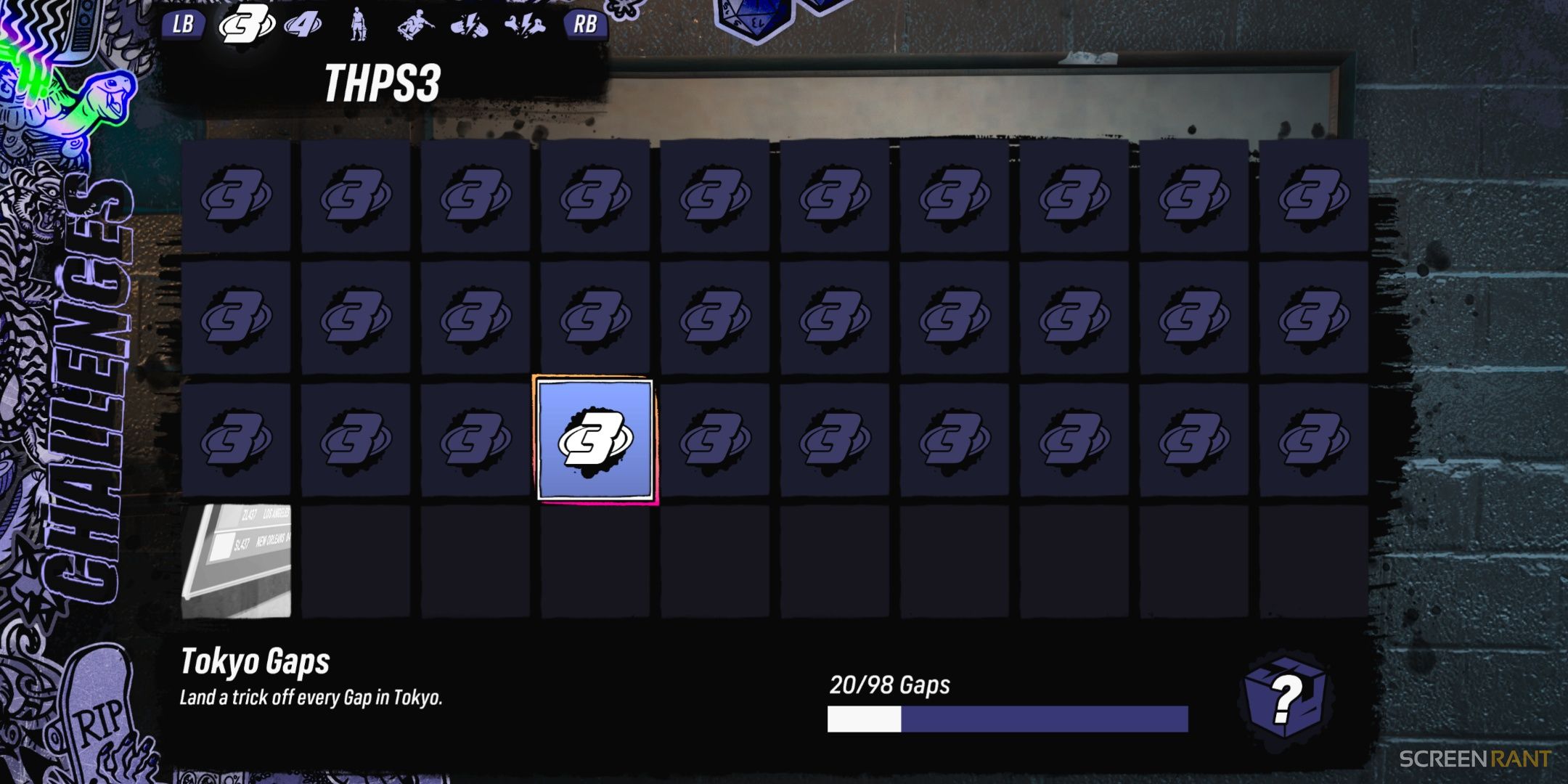 The THPS3 challenge list in Tony Hawk's Pro Skater 3 + 4.