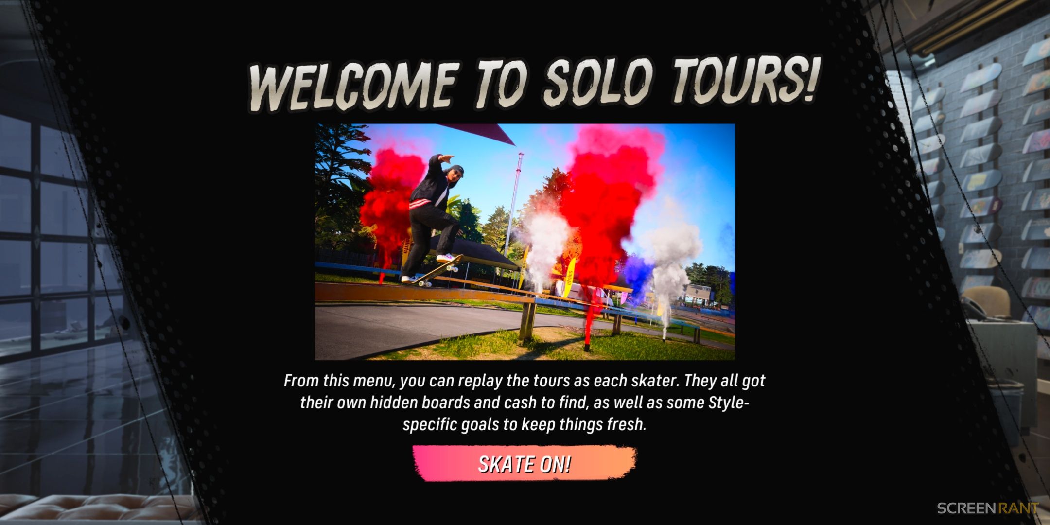 Welcome to Solo Tours screen in Tony Hawk's Pro Skater 3 + 4.