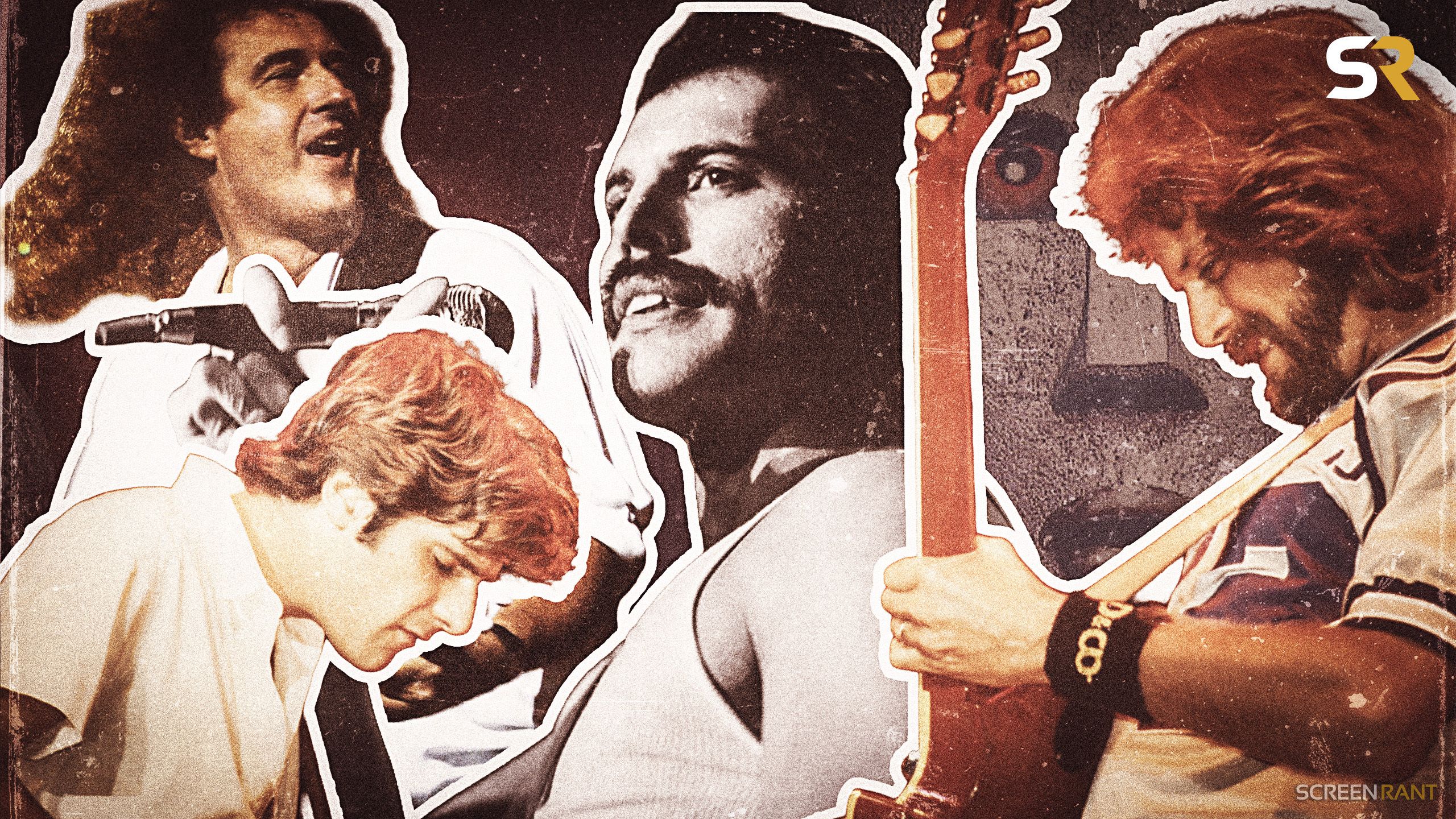 Collage of classic rock icons Freddie Mercury of Queen, Pink Floyd, and Mick Fleetwood representing the mid-70s album sales boom.
