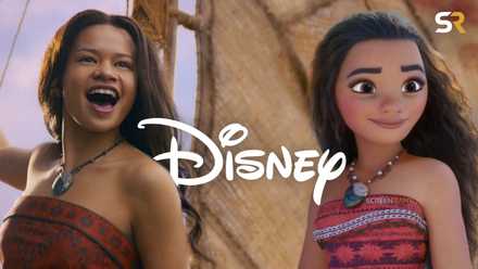 A side-by-side comparison showing the animated Moana from the 2016 Disney film and the live-action logo for the 2026 remake.