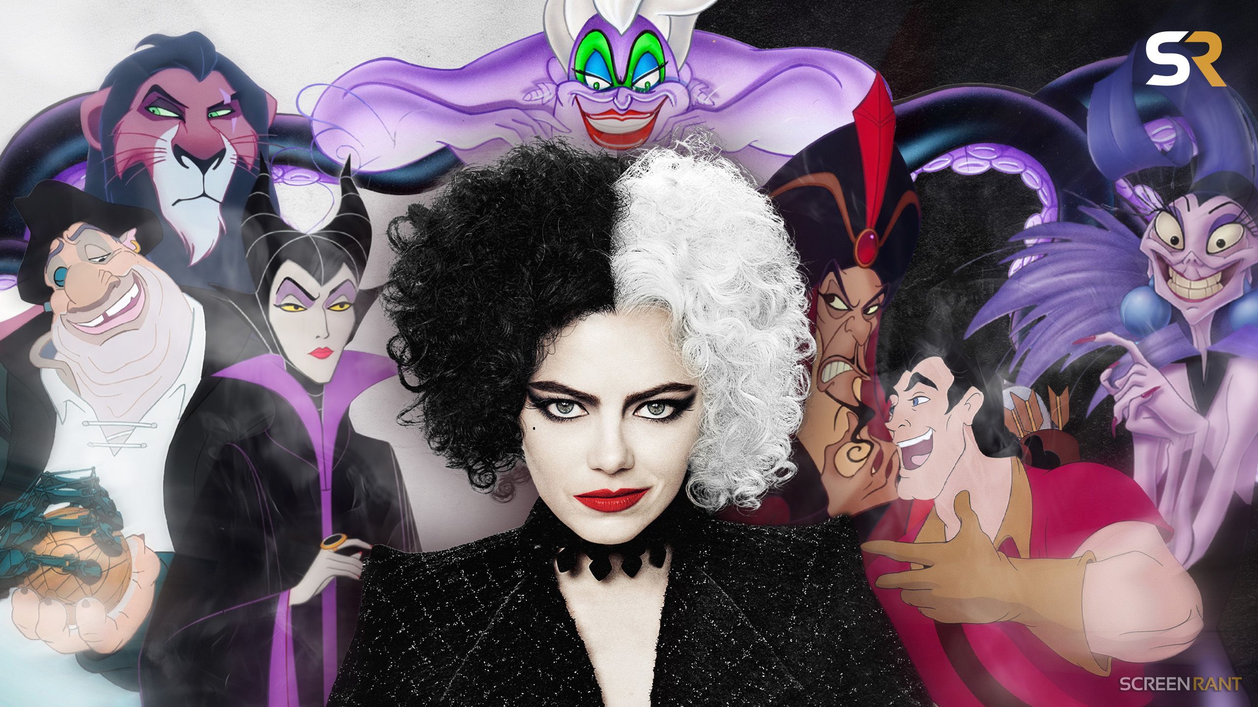 A vibrant digital collage of legendary animated Disney villains flanking a central live-action depiction of Cruella de Vil. The surrounding characters include a menacing Scar from The Lion King, a cold-eyed Maleficent from Sleeping Beauty, a grinning Jafar from Aladdin, a plotting Yzma from The Emperor's New Groove, and a terrified Captain Hook being snapped at by the crocodile from Peter Pan.