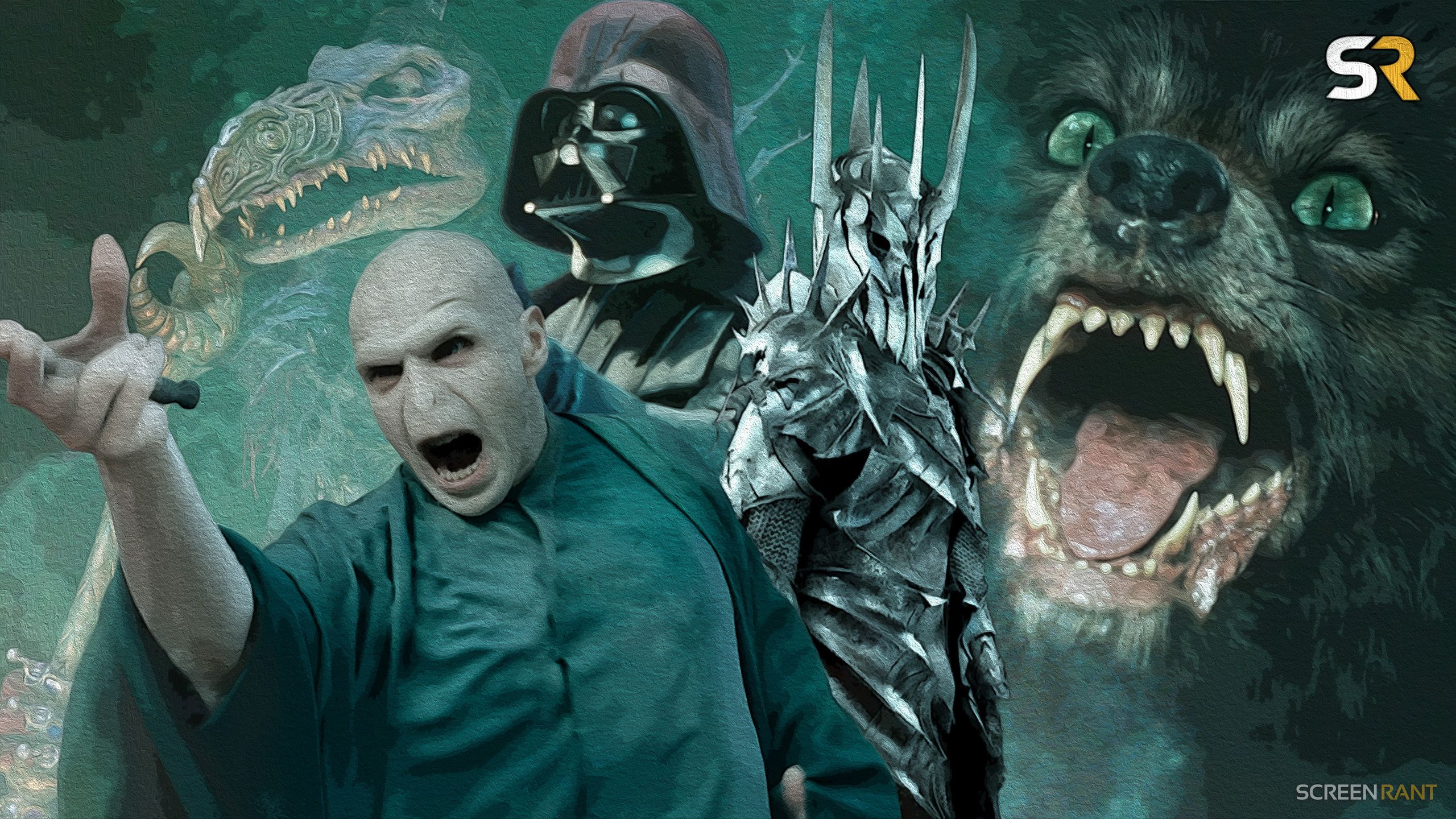 A collage of iconic fantasy villains including Lord Voldemort, Sauron, and The Gmork.