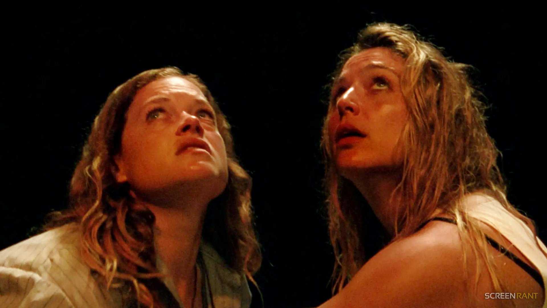 Jessica Rothe and Jane Levy looking scared in River